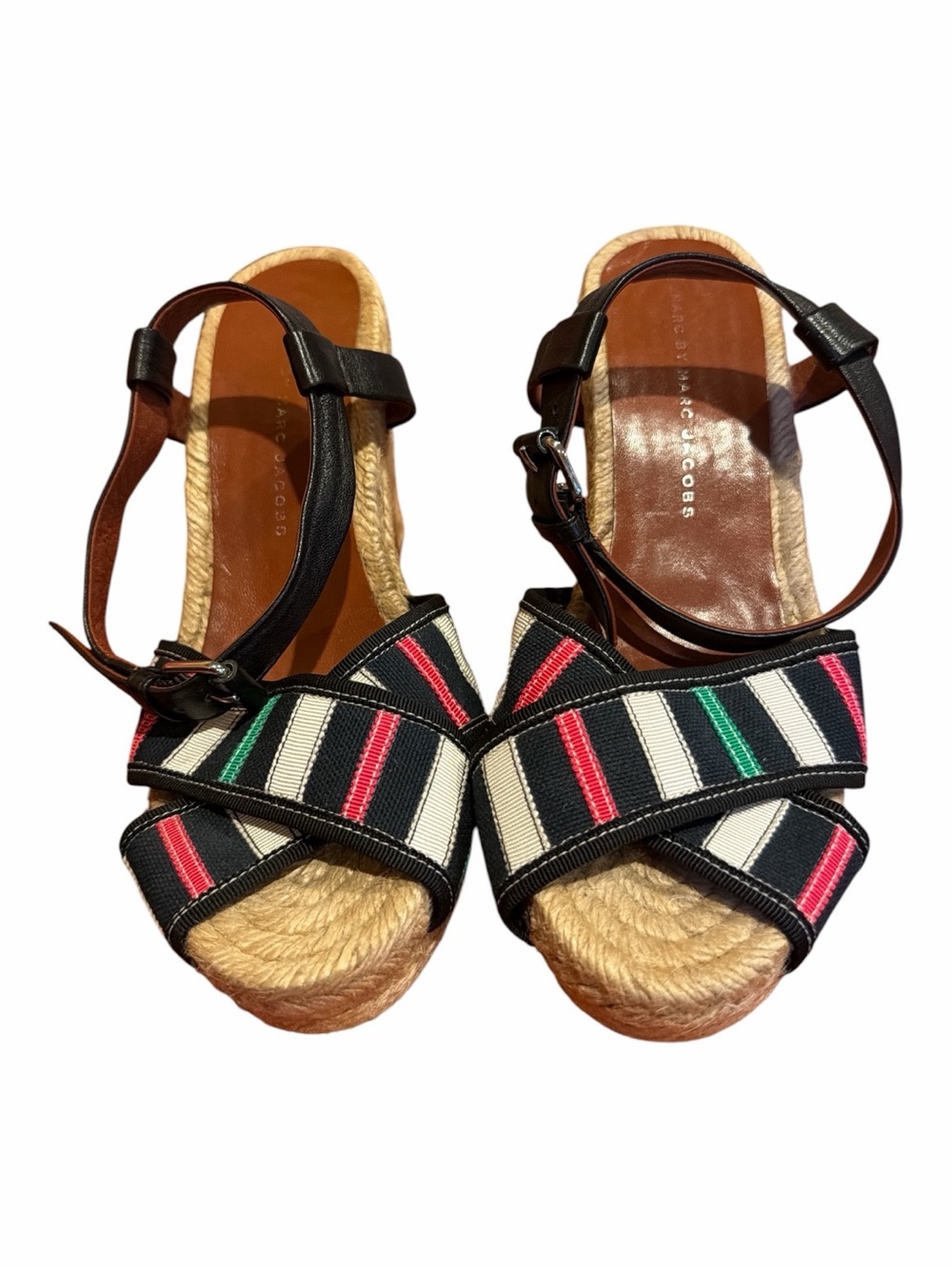 Marc Jacobs Black Striped Espadrille Sandals with Pink & Green Accents